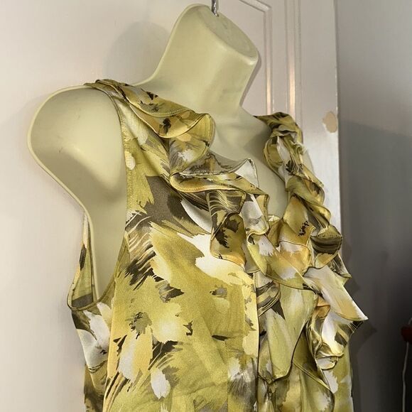 Anne Klein chartreuse green watercolor sleeveless ruffle neck polyester blouse - Picture 5 of 8